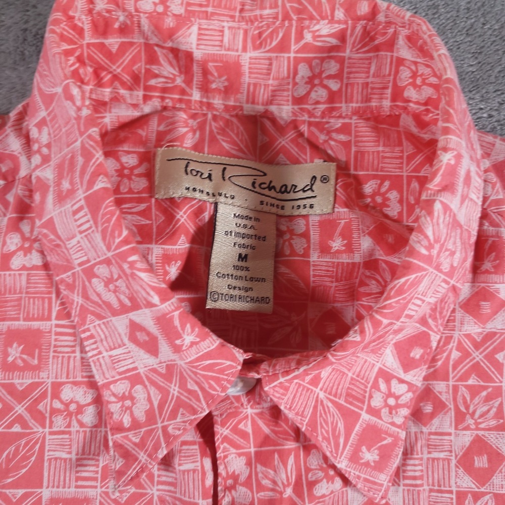 Tori Richard Shirt Mens Medium Red Cotton Lawn Short Sleeve Block Print Hawaii - Picture 3 of 8